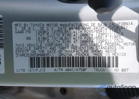 2009 Toyota Tacoma Base V6 from USA, damaged, VIN 3TMMU52N59M009511